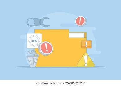 HDD repair concept. Recovery process. Data recovery, data storage backup, hardware disk repair service. Vector illustration in flat cartoon design on background.