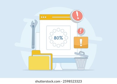 HDD repair concept. Recovery process. Data recovery, data storage backup, hardware disk repair service. Vector illustration in flat cartoon design on background.