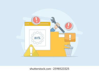 HDD repair concept. Recovery process. Data recovery, data storage backup, hardware disk repair service. Vector illustration in flat cartoon design on background.