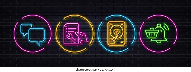 Hdd, Repair document and Speech bubble minimal line icons. Neon laser 3d lights. Notification cart icons. For web, application, printing. Hard disk, Spanner tool, Chat message. Order bell. Vector