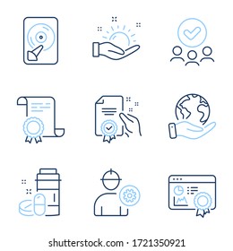 Hdd, Seo certificate and Sunny weather line icons set. Diploma certificate, save planet, group of people. Engineer, Medical drugs and Certificate signs. Memory disk, Statistics, Hold sun. Vector