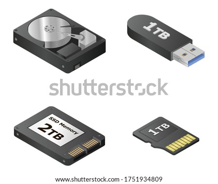 HDD set. Black isometric new square solid state drives. Vector illustrations for computer technology, web sites, games and prints.