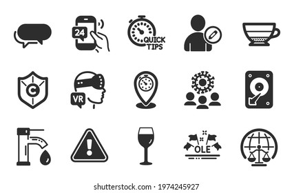 Hdd, Wine glass and Quick tips icons simple set. Americano, Augmented reality and Coronavirus signs. 24h service, Messenger and Timer symbols. Flat icons set. Vector