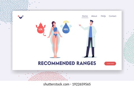 Hdl and Ldl Fats Landing Page Template. Doctor Explain to Female Patient about Good and Bad Cholesterol. Woman Character Stand between Devil and Angel Lipids. Cartoon People Vector Illustration