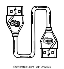 HDMI Cable Part of Computer Accessories and Hardware Hand Drawn Icon Set Vector.