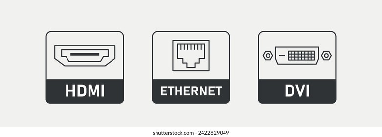 HDMI, ETHERNET, DVI port sticker. Cable connector outline icon pack. Vector illustration