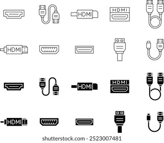 HDMI icon set with outline and glyph styles