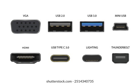 HDMI, VGA, USB 2.0 e 3.0, Mini USB, USB Type-C, Lightning, ícones do Thunderbolt para computadores e dispositivos móveis. Conectores e soquetes vetoriais