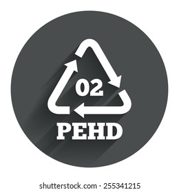 Hd-pe 02 icon. High-density polyethylene sign. Recycling symbol. Circle flat button with shadow. Modern UI website navigation. Vector