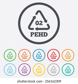 Hd-pe 02 icon. High-density polyethylene sign. Recycling symbol. Round circle buttons with frame. Vector