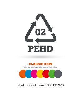 Hd-pe 02 icon. High-density polyethylene sign. Recycling symbol. Classic flat icon. Colored circles. Vector