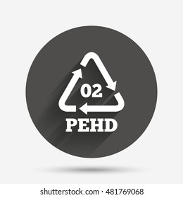 Hd-pe 02 icon. High-density polyethylene sign. Recycling symbol. Circle flat button with shadow. Vector