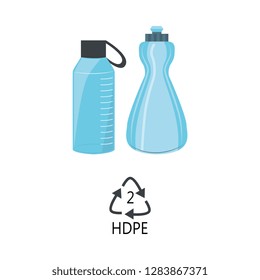 HDPE 2 plastic type - blue high-density polyethylene bottles with recycle triangle arrow sign in flat style isolated on white background. Vector illustration of polythene products.