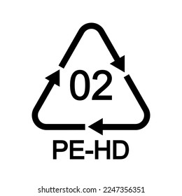 HDPE or PE HD 02 recycling sign in triangular shape with arrows. Plastic reusable icon isolated on white background. Environmental protection concept label. Vector graphic illustration