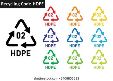 HDPE-Plastik-Recycling-Code-Symbol-Set. Plastikrecyclingsymbole 02 HDPE. Plastische Recycling-Code 02 Symbol Sammlung in zehn verschiedenen Farben. Set aus Kunststoff Recycling-Code Symbol 02 HDPE.