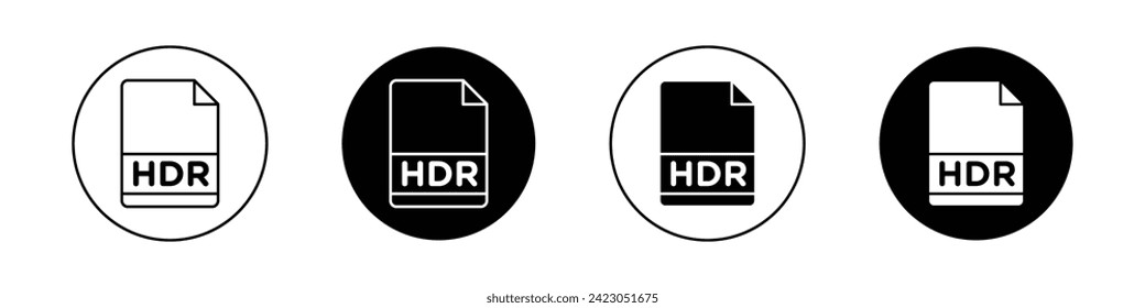 HDR Image File Extension Icon Set. Document Design and Technology Vector symbol in a black filled and outlined style. Enhanced Visuals Sign