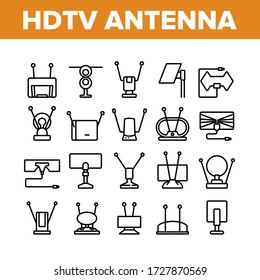 Hdtv Antenna Device Collection Icons Set Vector. Hdtv Antenna Gadget For Tv Broadcasting Signal, Media Equipment, Frequency Appliance Concept Linear Pictograms. Monochrome Contour Illustrations