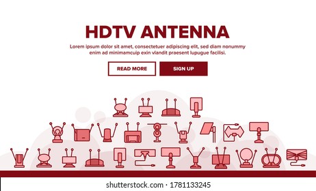 Hdtv Antenna Device Landing Web Page Header Banner Template Vector. Hdtv Antenna Gadget For Tv Broadcasting Signal, Media Equipment, Frequency Appliance Illustrations