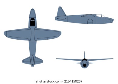 He 178 First Jet Powered Plane 1939. Top, Side, Front View Silhouettes. Vintage airplane. Vector clipart isolated on white.