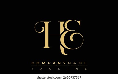 HE Abstract Creative Jewelry Logo. A stylish logo featuring golden monogram initials in an elegant and modern typography, perfect for branding