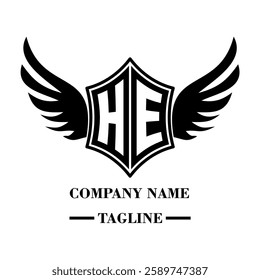 HE A bold winged shield emblem with customizable initials A-Z. Sleek black-and-white vector, perfect for branding, sports teams, motorcycle clubs, gaming,apparel and High-quality
