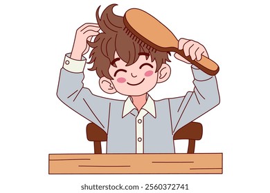 He brushes his hair. Clipart cartoon.