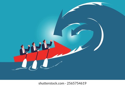 he business team paddles through the waves of the descent