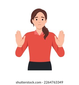 he businesswoman is expressing refusal. The woman says STOP with the gesture. The girl expresses protest and disagreement. Body language and nonverbal communication. Flat vector illustration