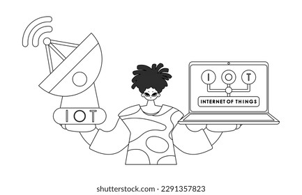 He carries an antenna and laptop to work with IoT data, in a vector linear style