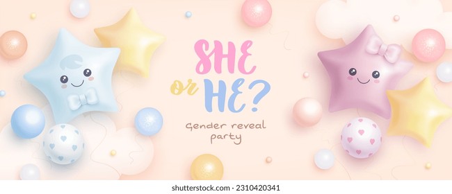 He or she? Cartoon gender reveal invitation template. Horizontal banner with realistic helium balloons. Vector illustration