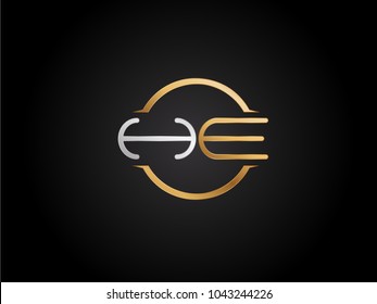 HE circle Shape Letter logo Design in silver gold color