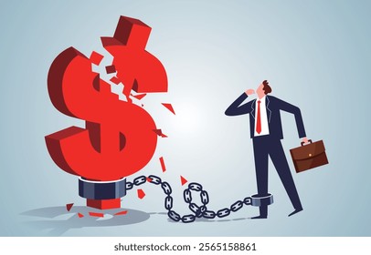 he dollar sign chained to the businessman's leg collapses and shatters