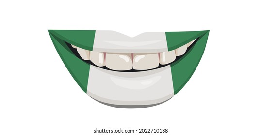 he flag of Nigeria on the lips. A woman's smile with white teeth. Vector illustration.