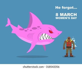 He forgot about 8 March. International womens day. Wicked  Pink shark scares  diver old suit. Farted from fear go bubbles. Vector humorous greeting card holiday
