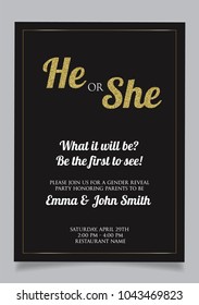 He or She? Gender reveal party invitation card vector design with golden glitter elements