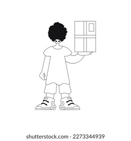 He grasps a box, delivering the parcel. linear vector illustration.