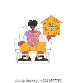 He grasps the logo of the internet of things in his hands.