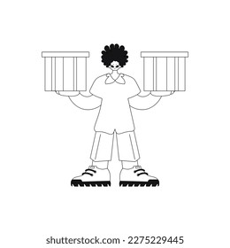 He grasps a package shipment service in a straightline style vector illustration.
