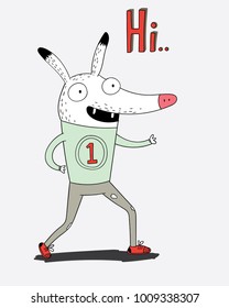 He was greeting good waving hands with a smile in the middle.Cartoon animals the cute monster vector character design