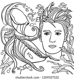 he guy is under the water. Swimmer. Diving and marine design elements could be used for coloring book. Black and white in zentangle style. Sea, octopus, fish, portrait. Vector illustration.