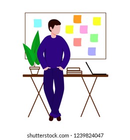 he guy in the workplace stands with his hands in his pockets. Behind him is a Board with stickers on it. Vector character in flat style. White background.