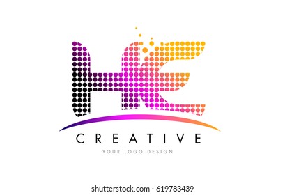 HE H E Dots Letter Logo Design with Magenta Bubble Circles and Swoosh