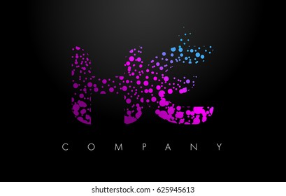 HE H E Letter Logo with Purple Blue Particles and Bubble Dots Design Vector.