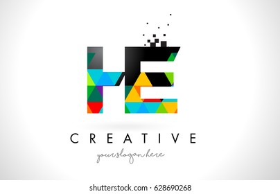 HE H E Letter Logo with Colorful Vivid Triangles Texture Design Vector Illustration.