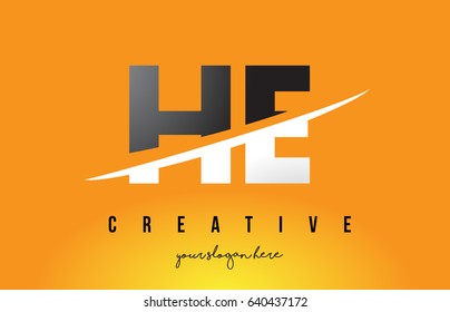 HE H E Letter Modern Logo Design with Swoosh Cutting the Middle Letters and Yellow Background.