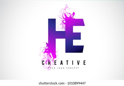 HE H E Purple Letter Logo Design with Creative Liquid Effect Flowing Vector Illustration.