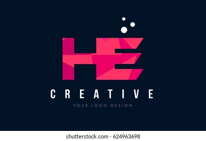 HE H E Purple Letter Logo Design with Low Poly Pink Triangles Concept