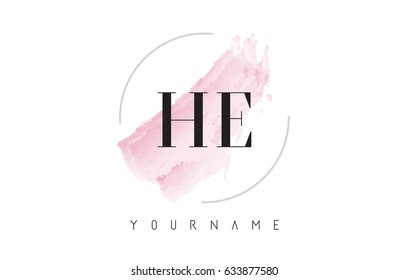 HE H E Watercolor Letter Logo Design with Circular Shape and Pastel Pink Brush.