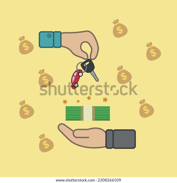 He had a cars\
key which Sale of the car and transfer of money bank from hands,\
exchange between the car and the customer\'s money vector\
illustration character flat design.\
