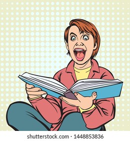 He is happy and excited about reading a thick book.Pop art cartoon Retro style Halftone background, imitation of old